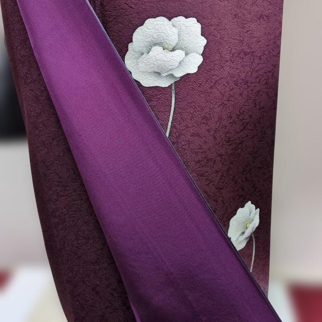 付下げ ワインレッド 花柄刺繍着物とお太鼓柄の帯セット