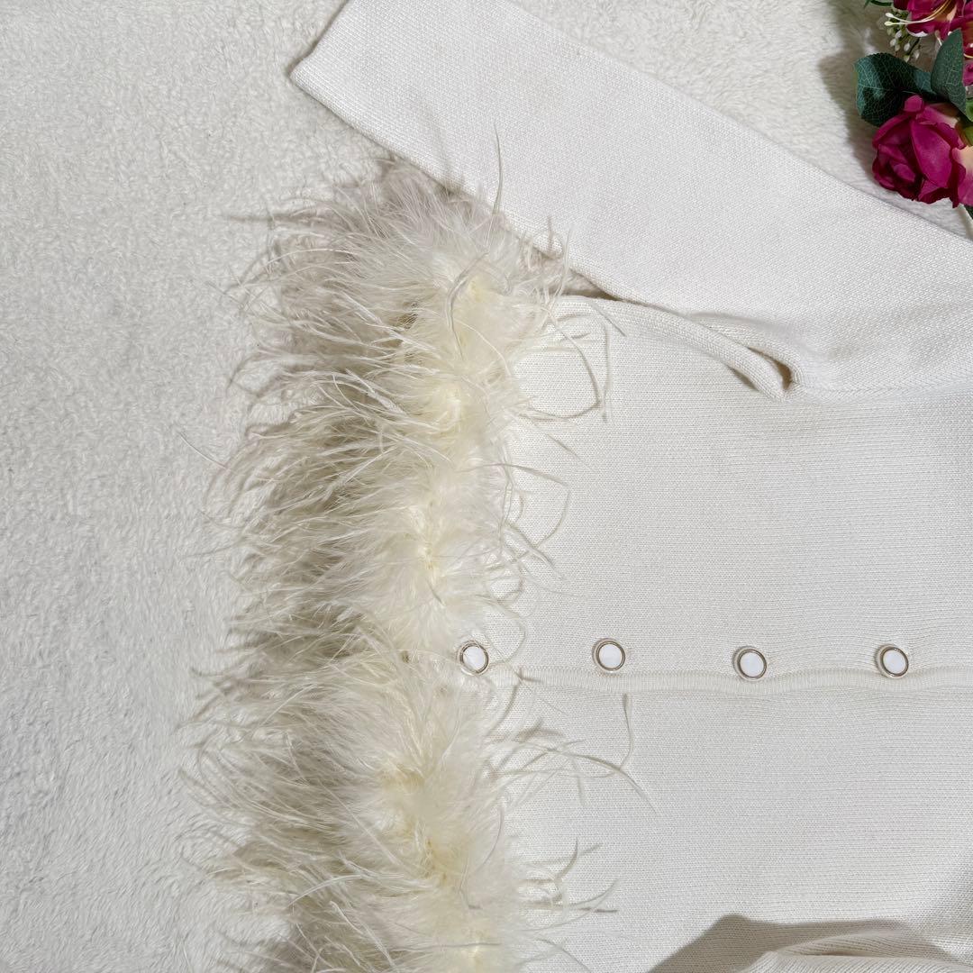 シェリエ sheller フェザーカーディガン　ファー　ニット　ホワイト