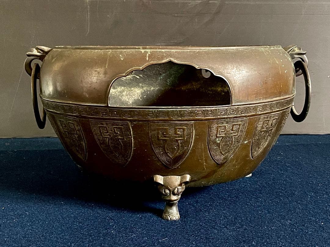 『母』 古銅 瓔珞文 獣足 遊鐶 瓶掛 煎茶道具 （あ④）