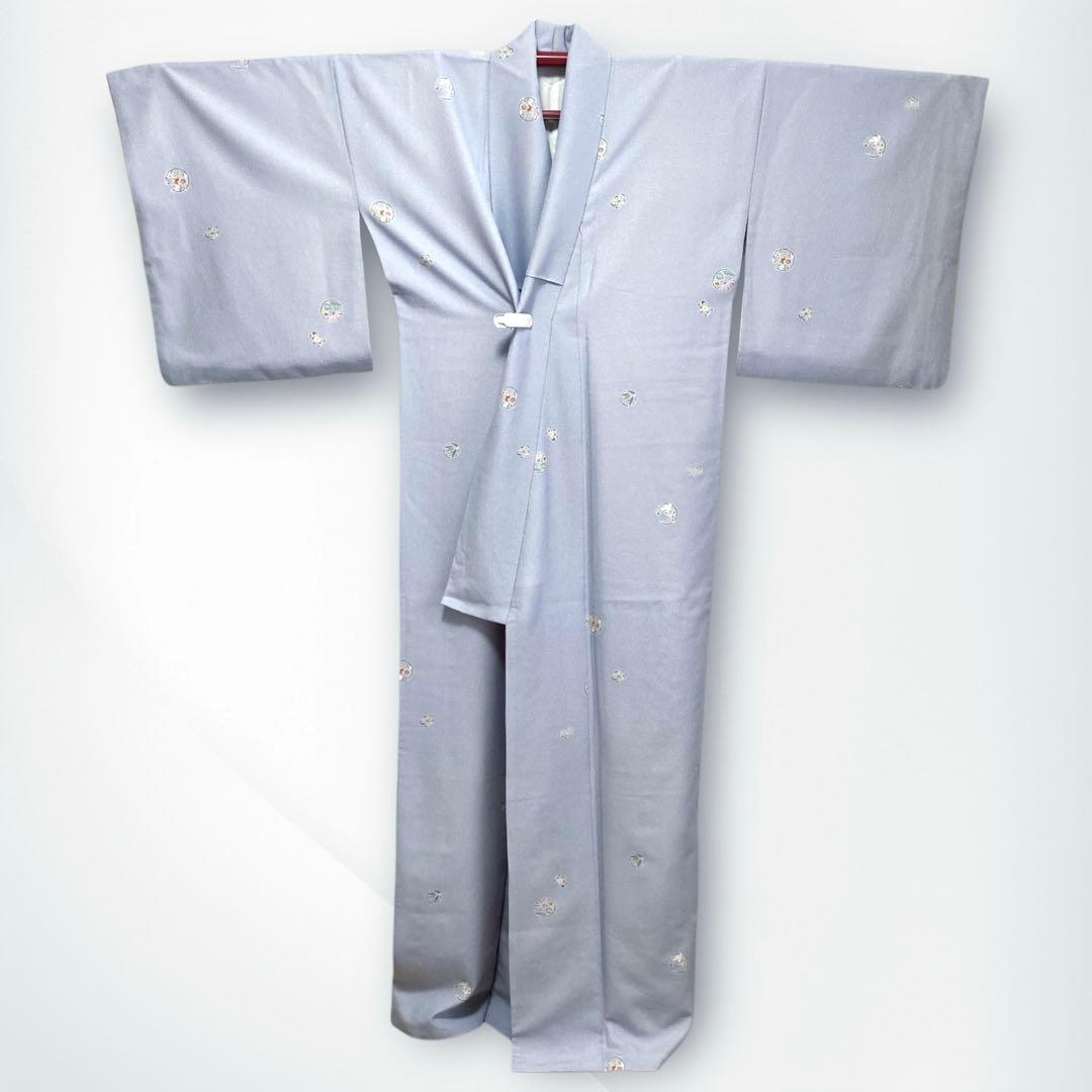 【美品✨】東レシルック　洗える着物　飛び柄小紋　空色鼠　四季花丸文　ⅯサイズM4