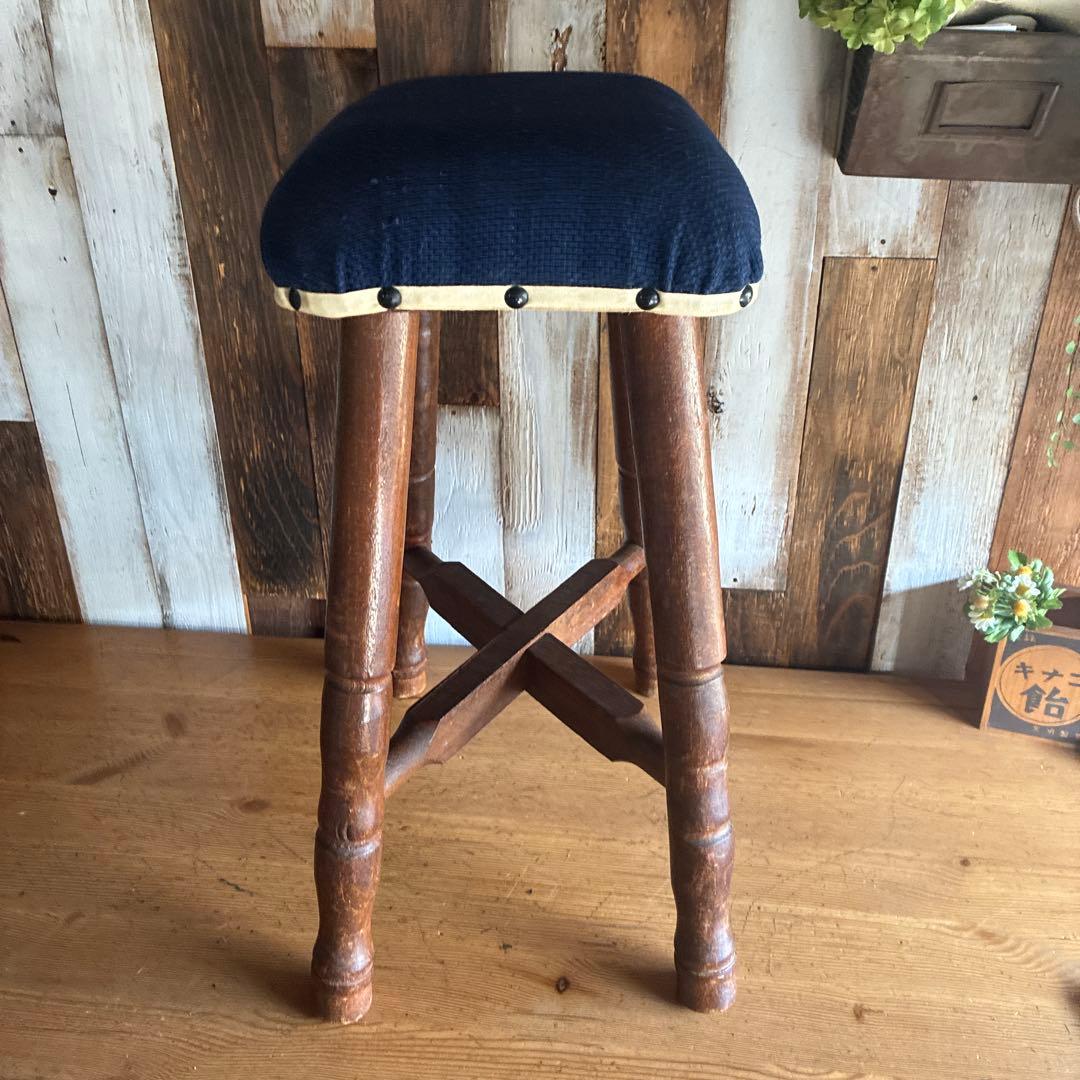 ネイビー布製クッションスツール　アンティーク　古家具　レトロ