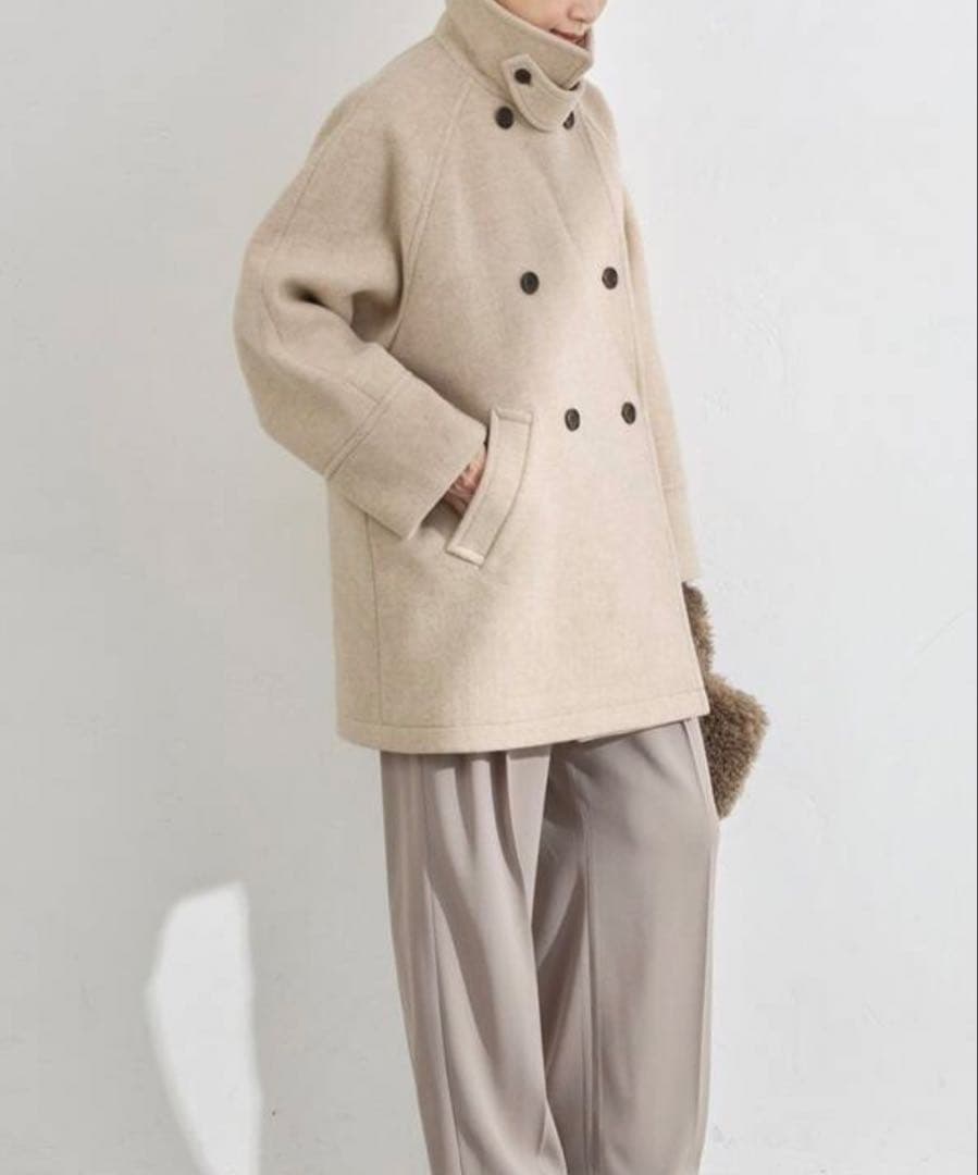 IENA ステンカラー　ダブルブレストピーコート　38 モカグレー/グレージュ