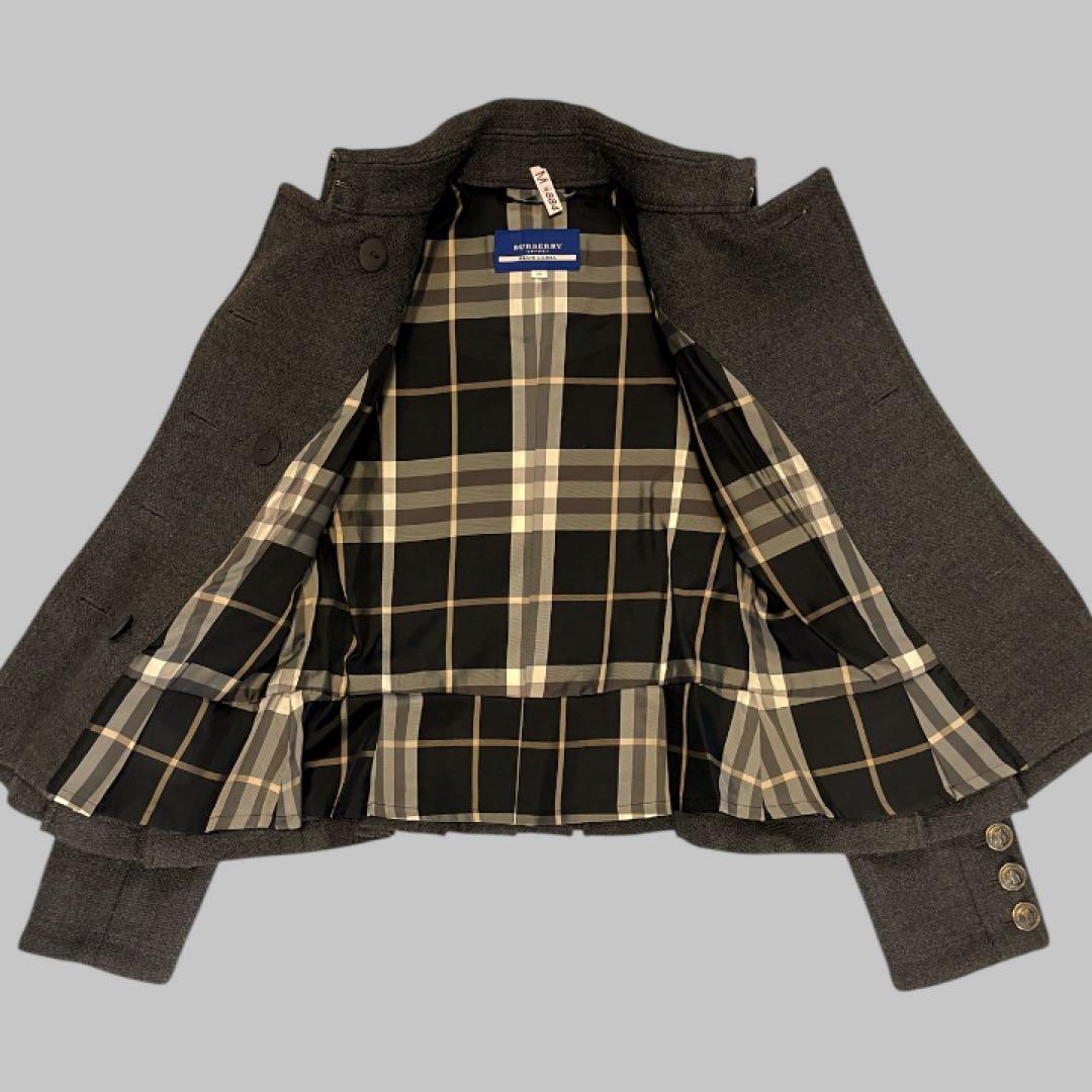 バーバリーブルーレーベルウールコートボタン　フリルチェックグレーBurberry