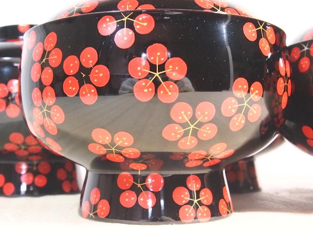 【美品】輪島塗 五島屋謹製 梅蒔絵 煮物椀5客 雑煮椀/大椀 梅づくし 漆器食器