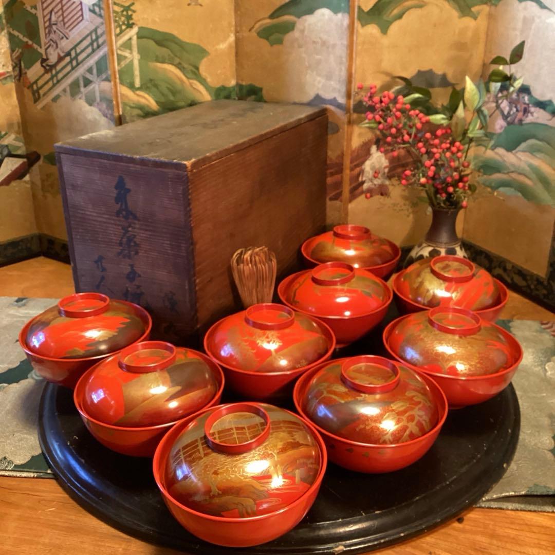 A903木製輪島塗　懐石道具　赤　古典風景蒔絵　『塗師銘仁左衛門』　4客