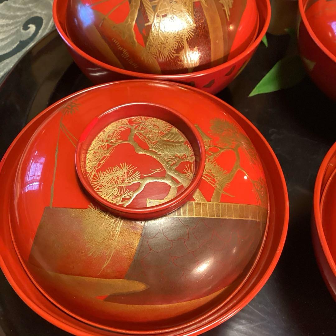A903木製輪島塗　懐石道具　赤　古典風景蒔絵　『塗師銘仁左衛門』　4客