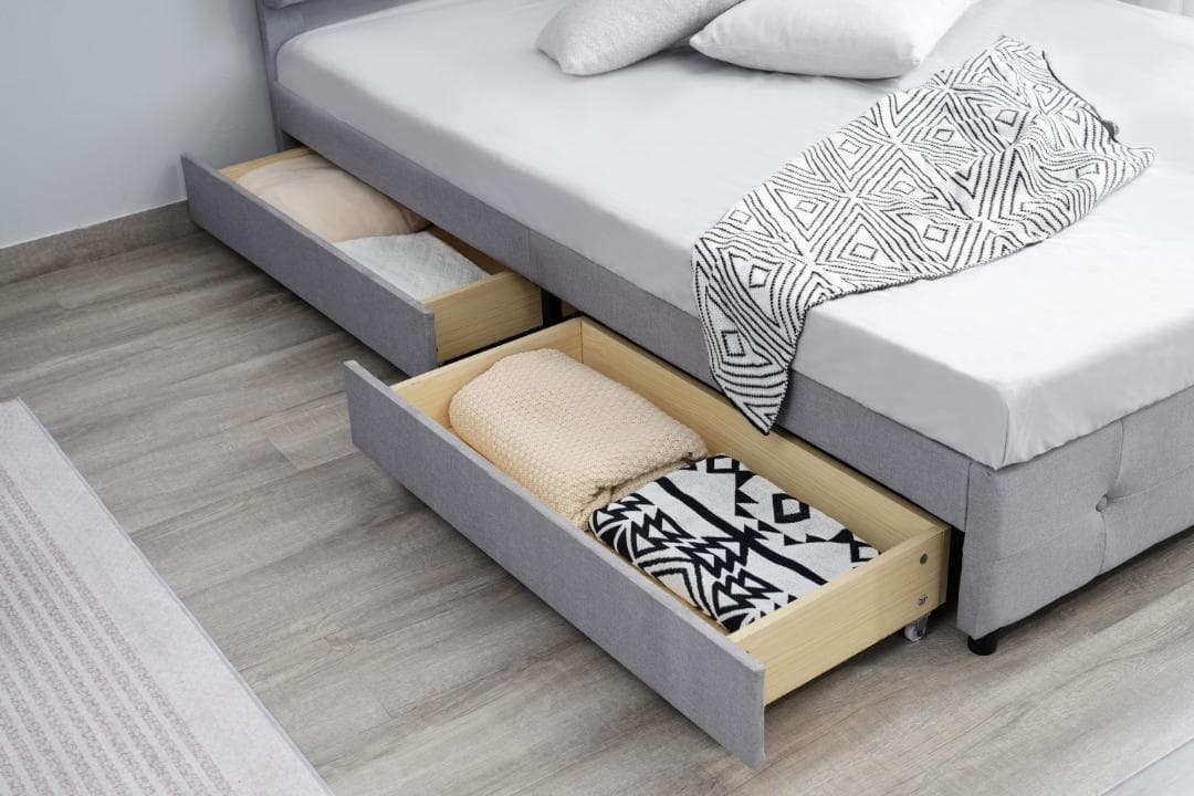 D ファブリックベッド ベッドフレームのみ ダブル 引き出し付き 布貼りベッド