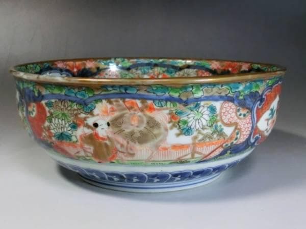 大鉢■色絵 窓絵 鶴 麒麟 唐子 古い菓子器 置物 花唐草 骨董(江戸後期)■