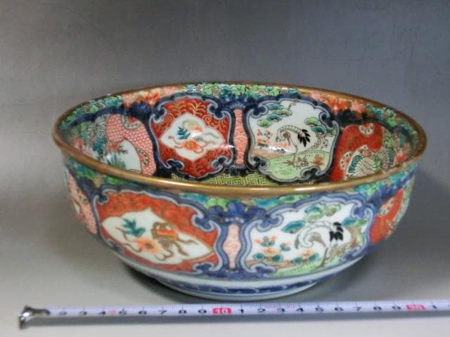 大鉢■色絵 窓絵 鶴 麒麟 唐子 古い菓子器 置物 花唐草 骨董(江戸後期)■