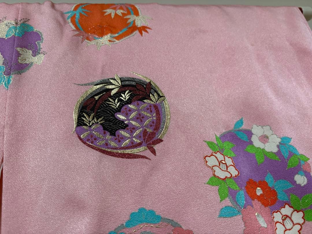 七五三　7才お嬢様　振袖　長襦袢　高級　正絹　金箔細工　優しいピンクグリーン