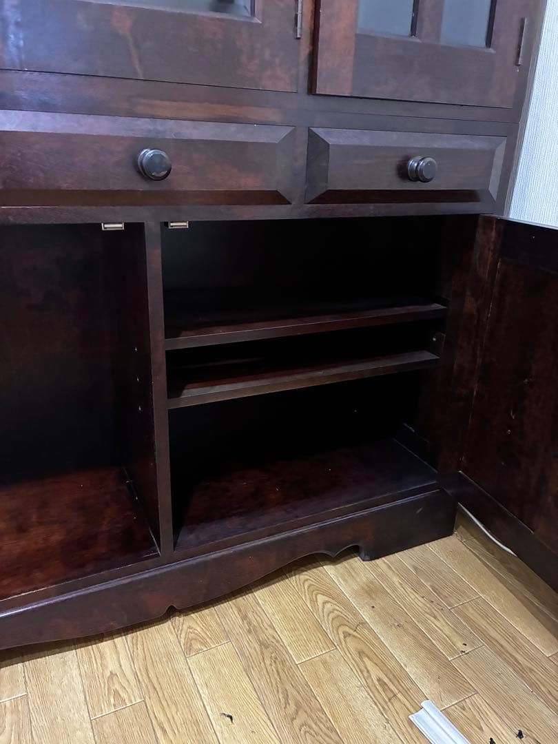 ☆送料込み☆ 民芸　民藝　木製食器棚 ダークブラウン ガラス扉付き