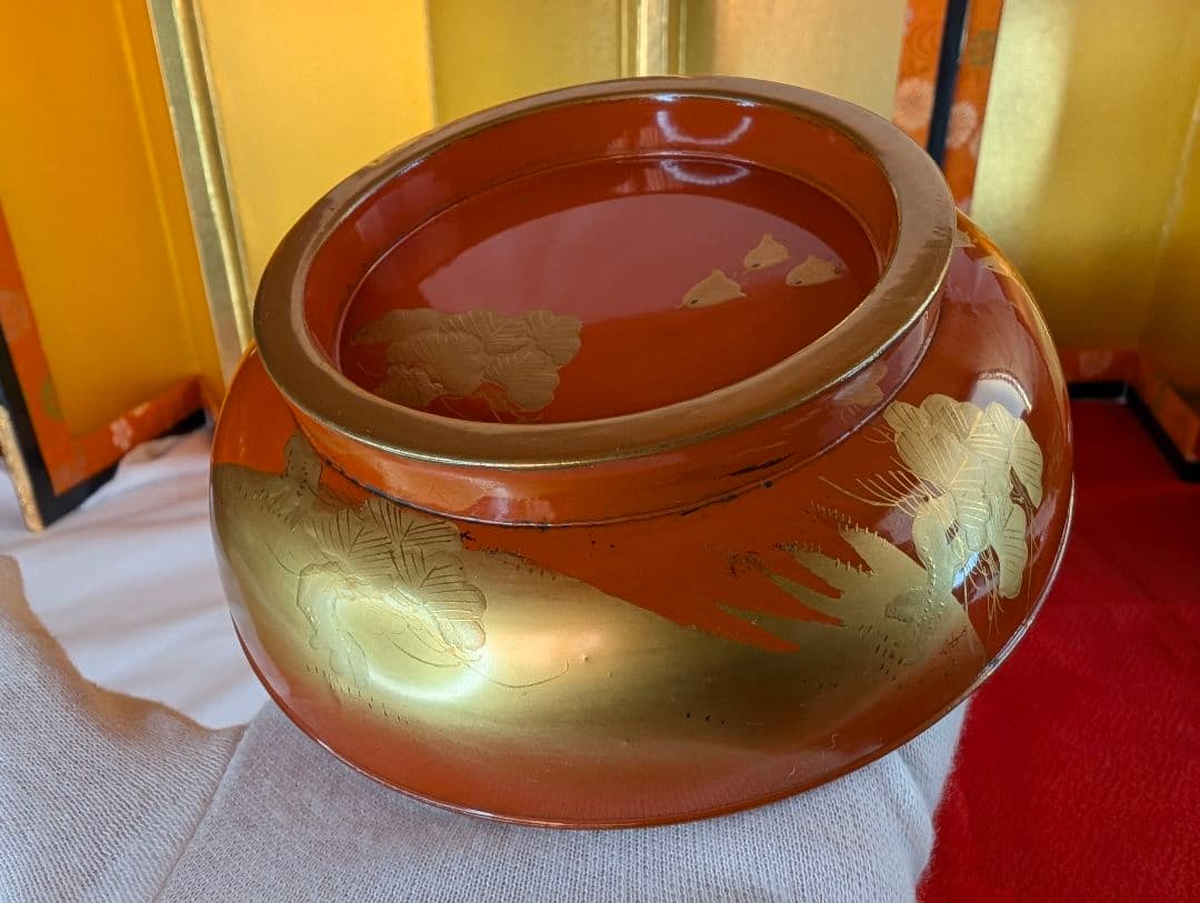 明治時代 輪島塗 金蒔絵 蓋付椀 波千鳥 2客 木製 汁椀 吸物椀 雑煮椀