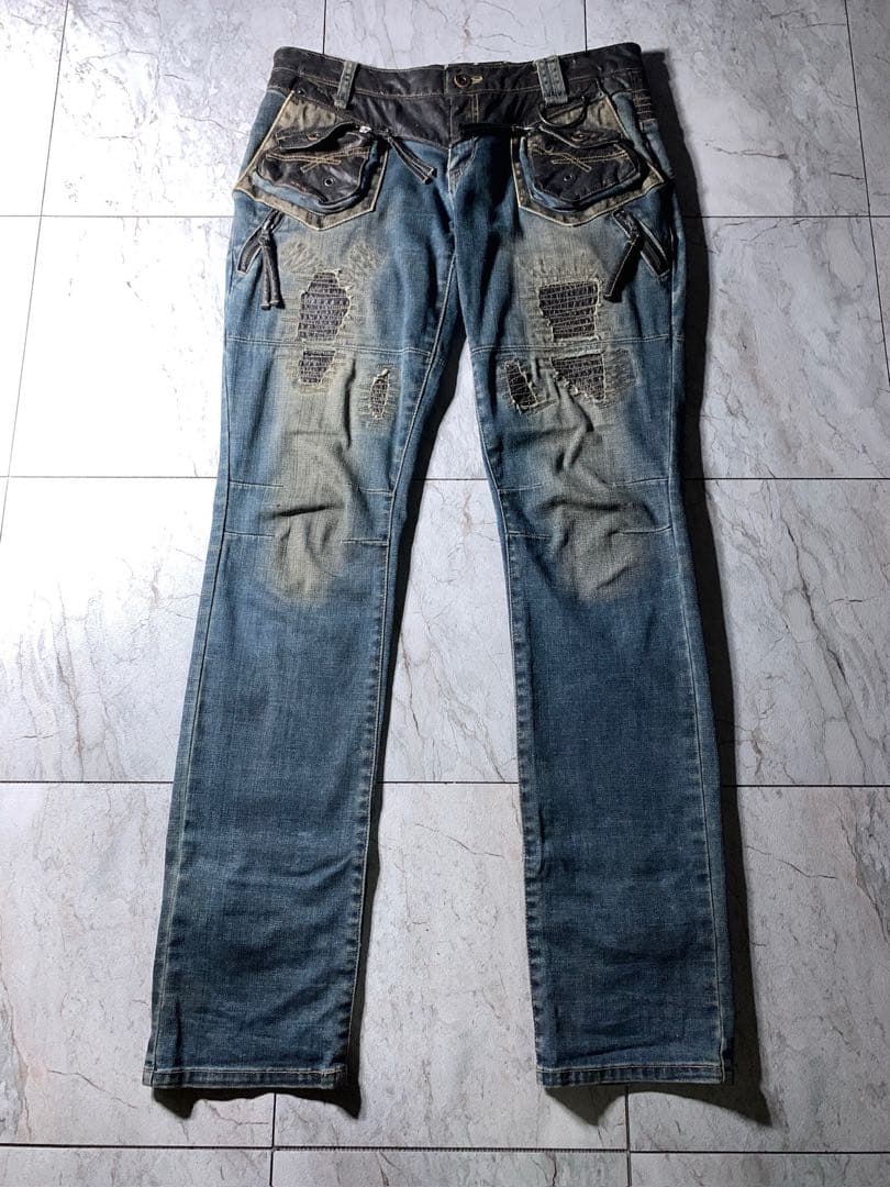 00s PPFM archive 立体 フェイクレザー ダメージ デニム Y2K