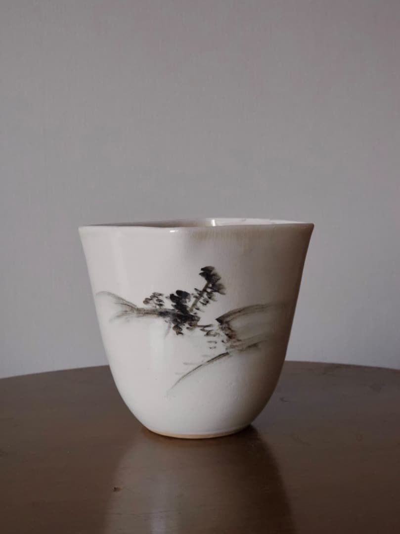 阿漕窯　水墨色絵　水指　陶磁工芸　箱付　資料付　茶道具Q2344