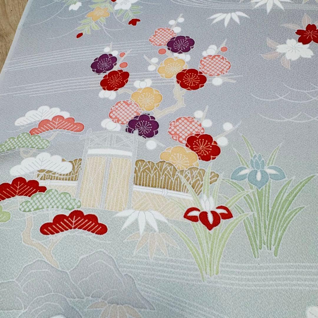 未使用　正絹　反物　着物　和装　小紋　丹後縮緬　ちりめん　グレー　灰色　紳裳園