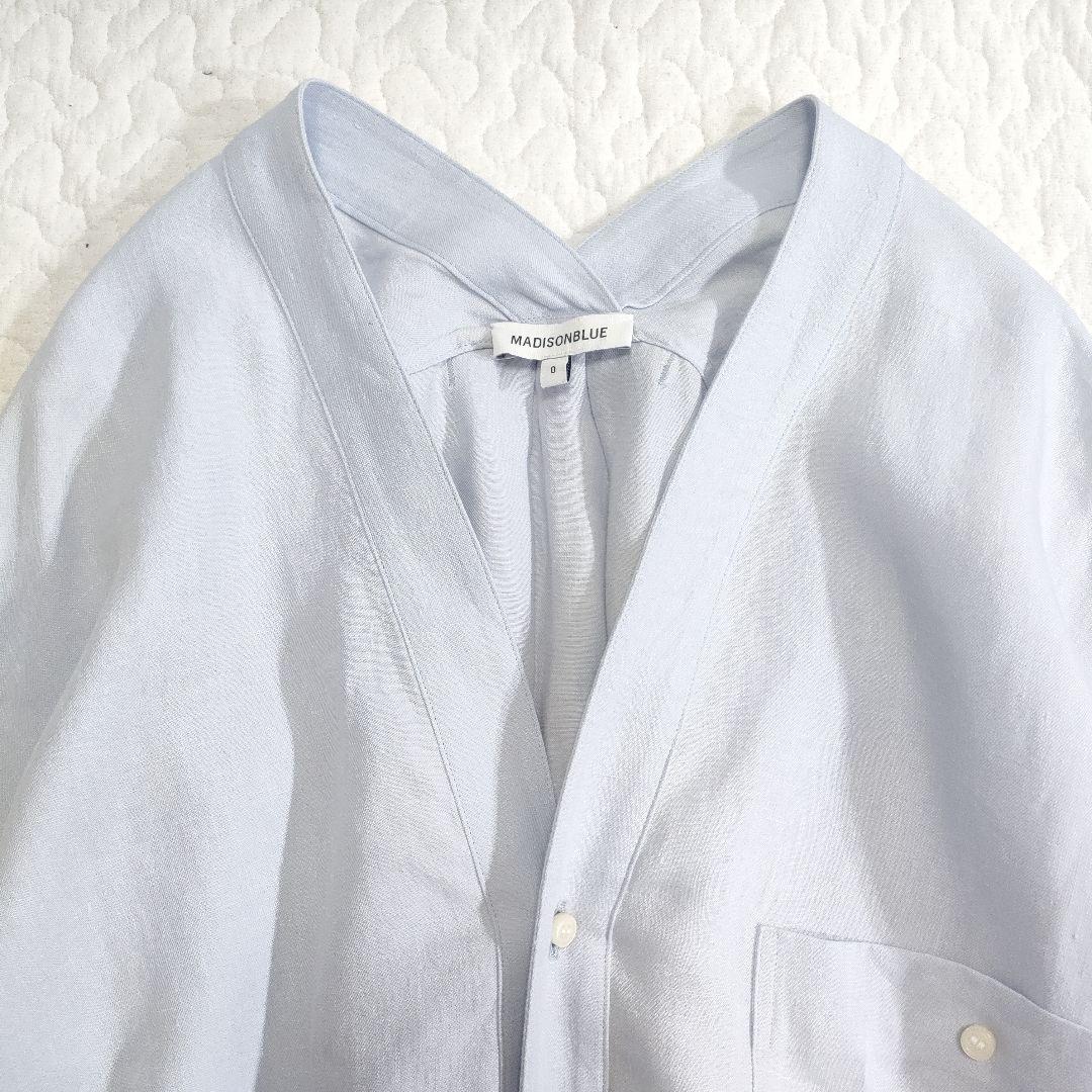 美品✨マディソンブルー　リネン100％オープンネックロングシャツ　ライトブルー