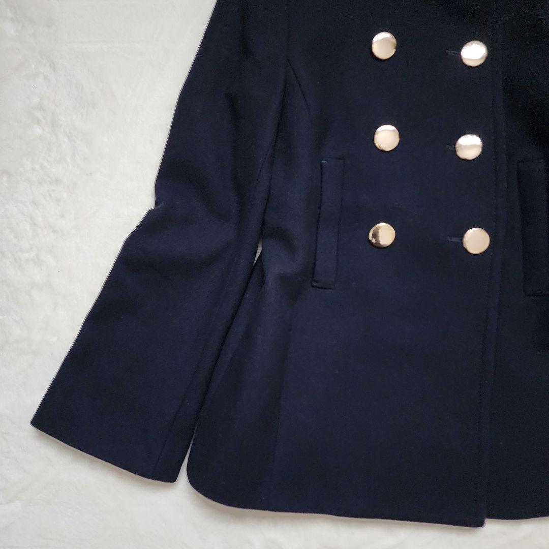 ICB 高級 カシミヤ コート ダブルブレスト 金ボタン フード Aライン 濃紺