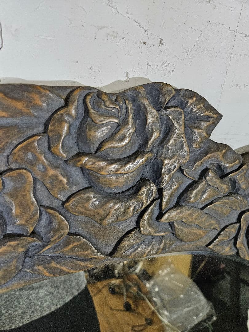 アンティーク 木彫り 薔薇のウォールミラー 壁掛け鏡 大型 花柄 オーバル型