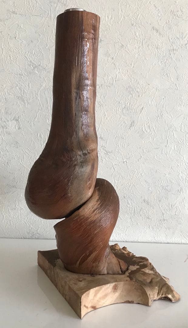 骨董品　天然木台付きくりぬき花瓶　木製抽象花器 高さ約30cm