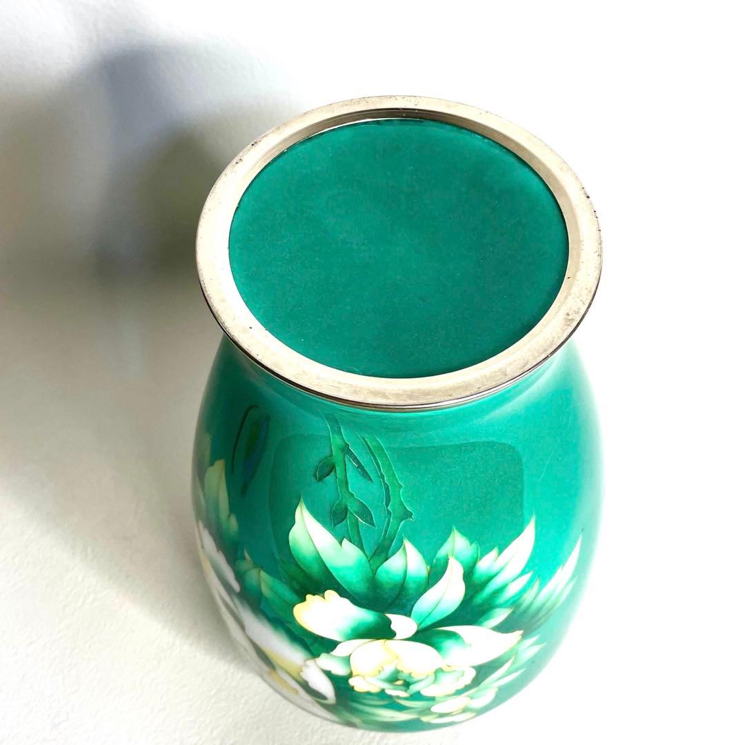 『美術七宝焼』　花瓶　緑牡丹　壺　陶磁器　花柄