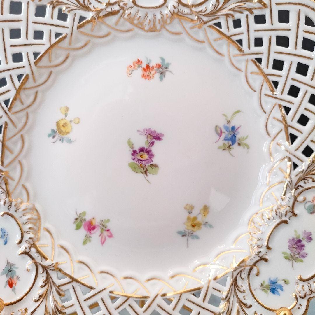 20.5㎝★マイセン 透かしプレート 美品 小花 フワラー 金彩 ピアスエッジ