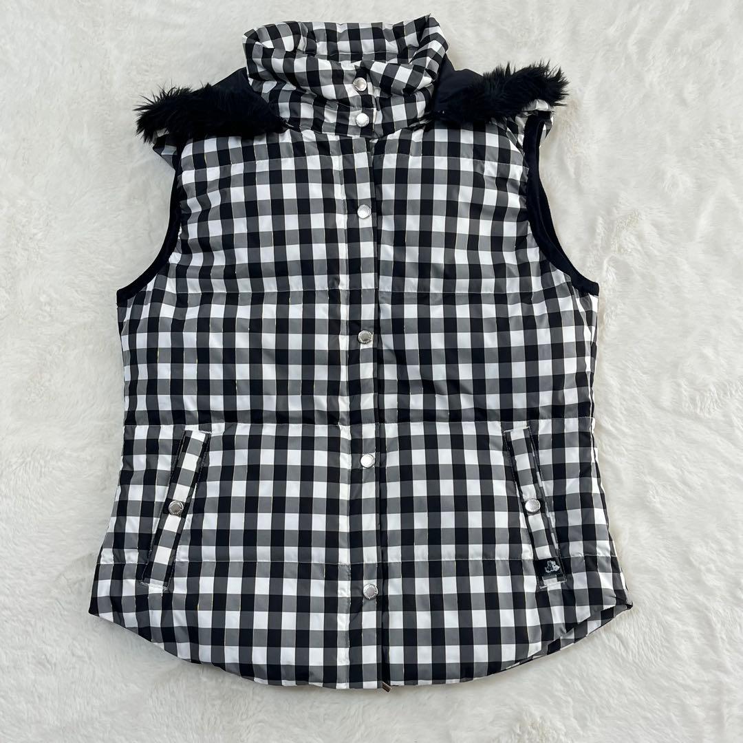 ブラック＆ホワイト ダウンベスト ゴルフウェア フード取外し可 ファー 黒白