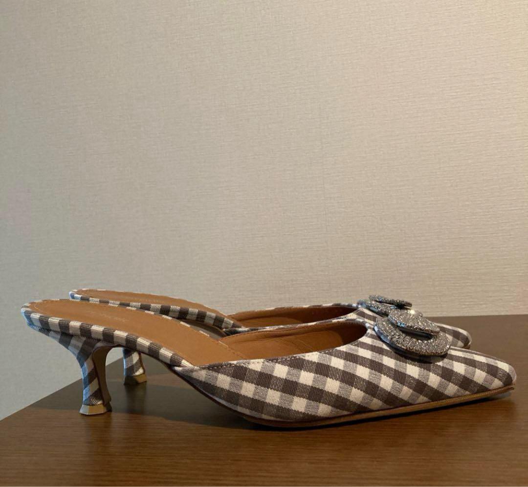 ピッピシック　24.5cm ビジュー付きギンガムチェックミュール