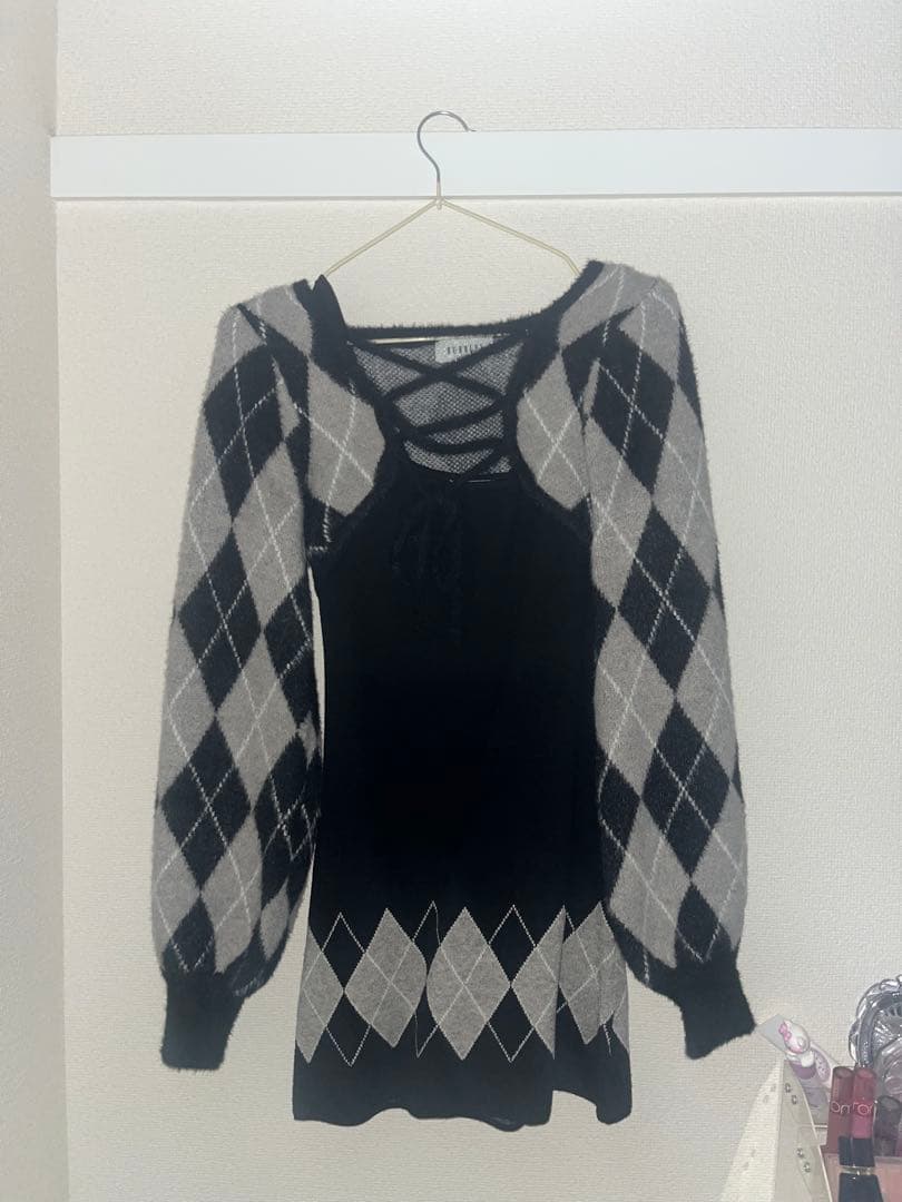 bubbles バブルス レースアップアーガイルワンピース ブラック Sサイズ