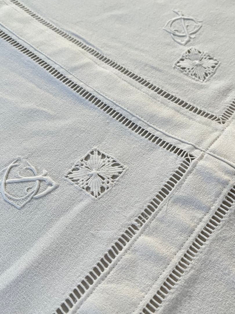 【美品】フランスアンティーク 手刺繍モノグラム テーブルクロス お花のフリル付