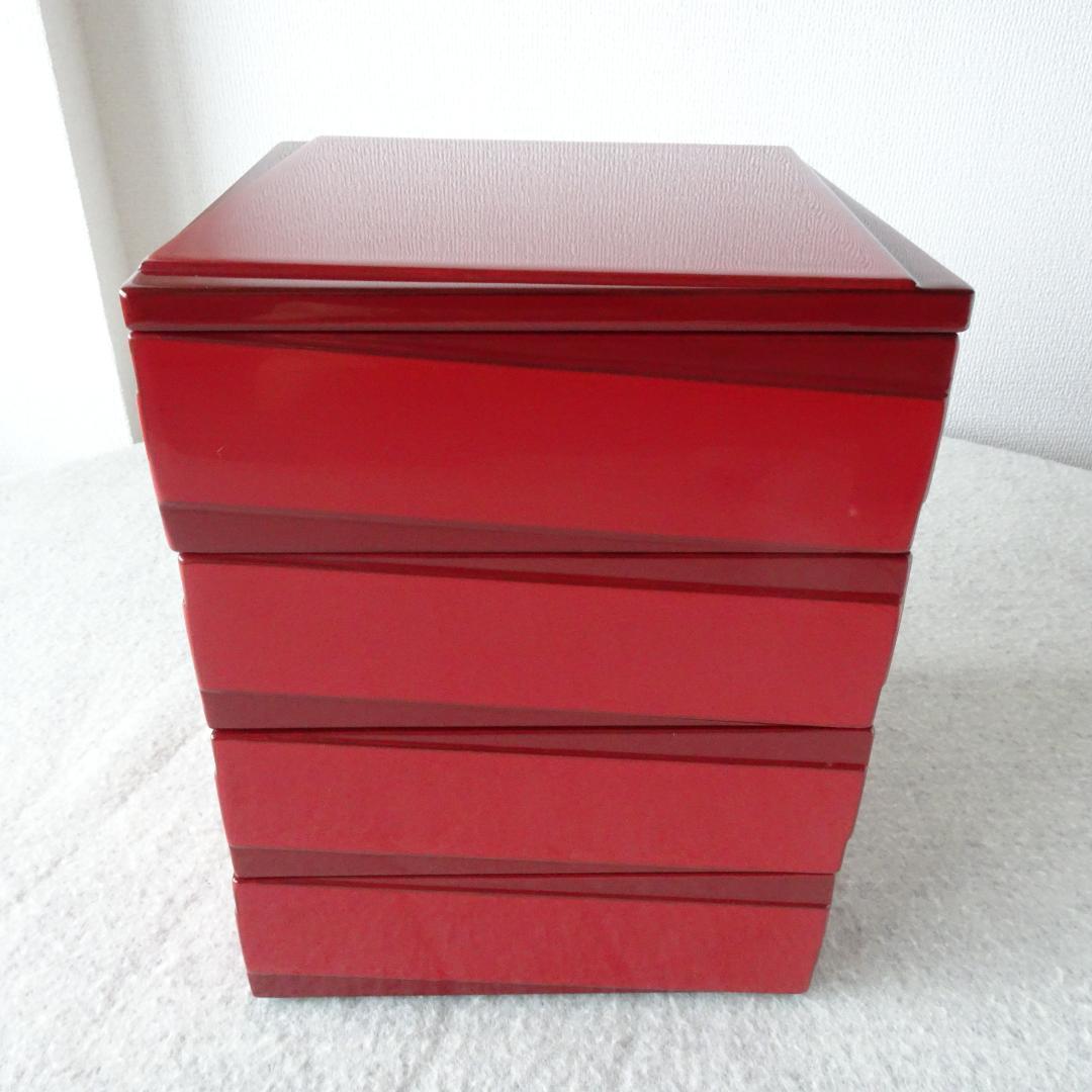 重箱　会津塗　漆器　4段重　天然木　本漆　朱赤　黒　漆工芸　吉田乙郎　モダン柄