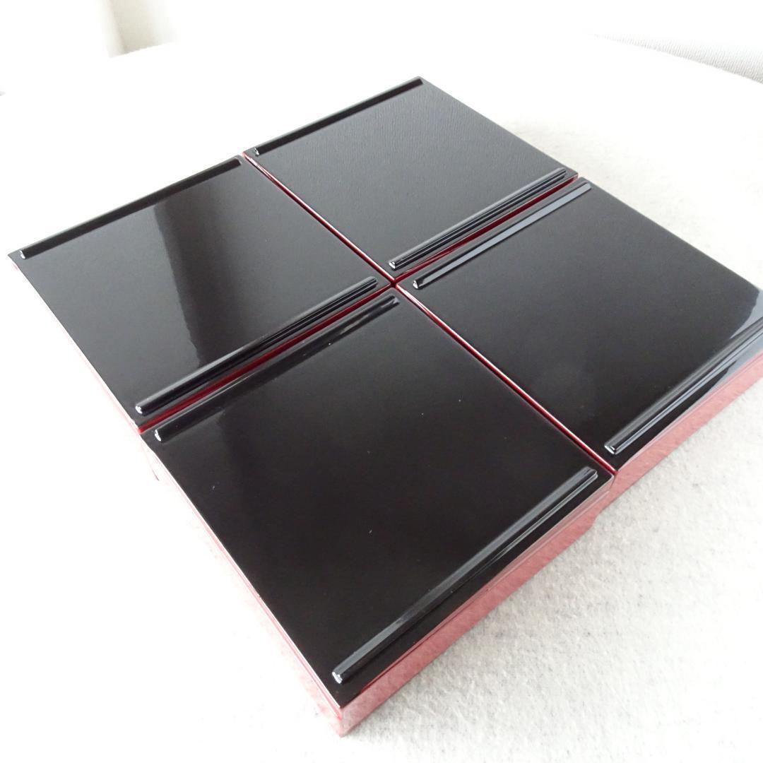 重箱　会津塗　漆器　4段重　天然木　本漆　朱赤　黒　漆工芸　吉田乙郎　モダン柄