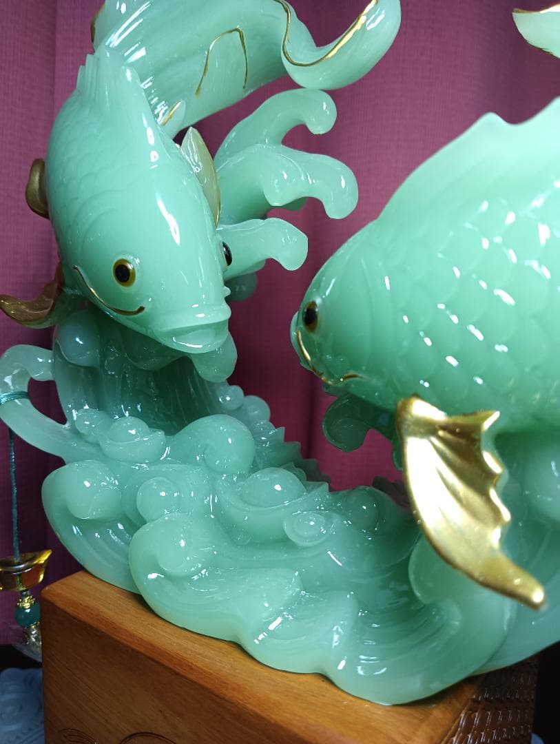 中国風水飾り　緑の魚彫刻置物