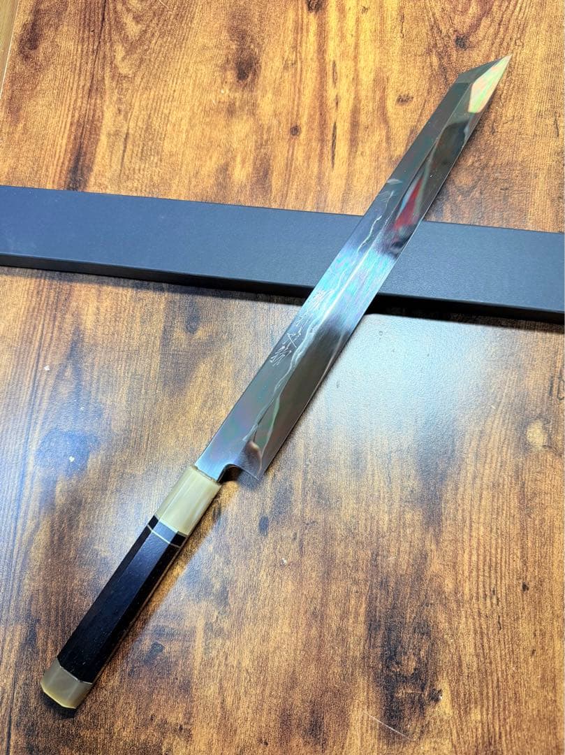 【堺打刃物】森本光一作　刺身 切付　水本焼　包丁　尺　鏡面　黒檀両白水牛銀巻柄