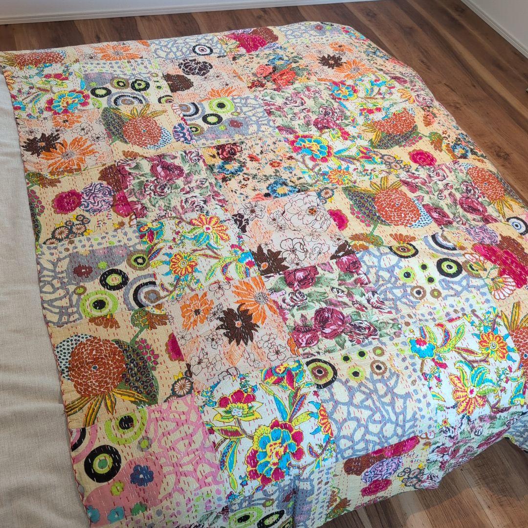 【M】ベージュ 手仕事 パッチワーク 一点物 カンタキルト マルチカバー 721