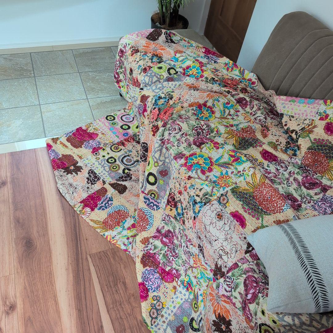 【M】ベージュ 手仕事 パッチワーク 一点物 カンタキルト マルチカバー 721