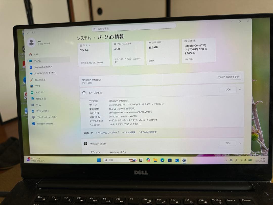 Windowsノート本体 DELL XPS15 9560