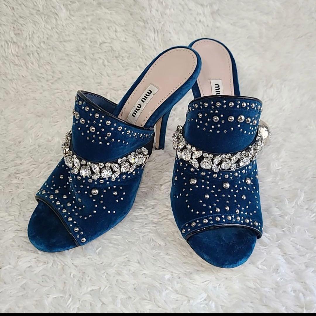 miumiu ブルーベルベット ミュール スタッズ クリスタル 装飾 美品 春夏