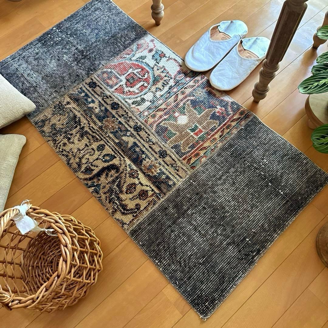 49×100 グレイ×ボタニカル　大人パッチワーク　トルコヴィンテージラグ
