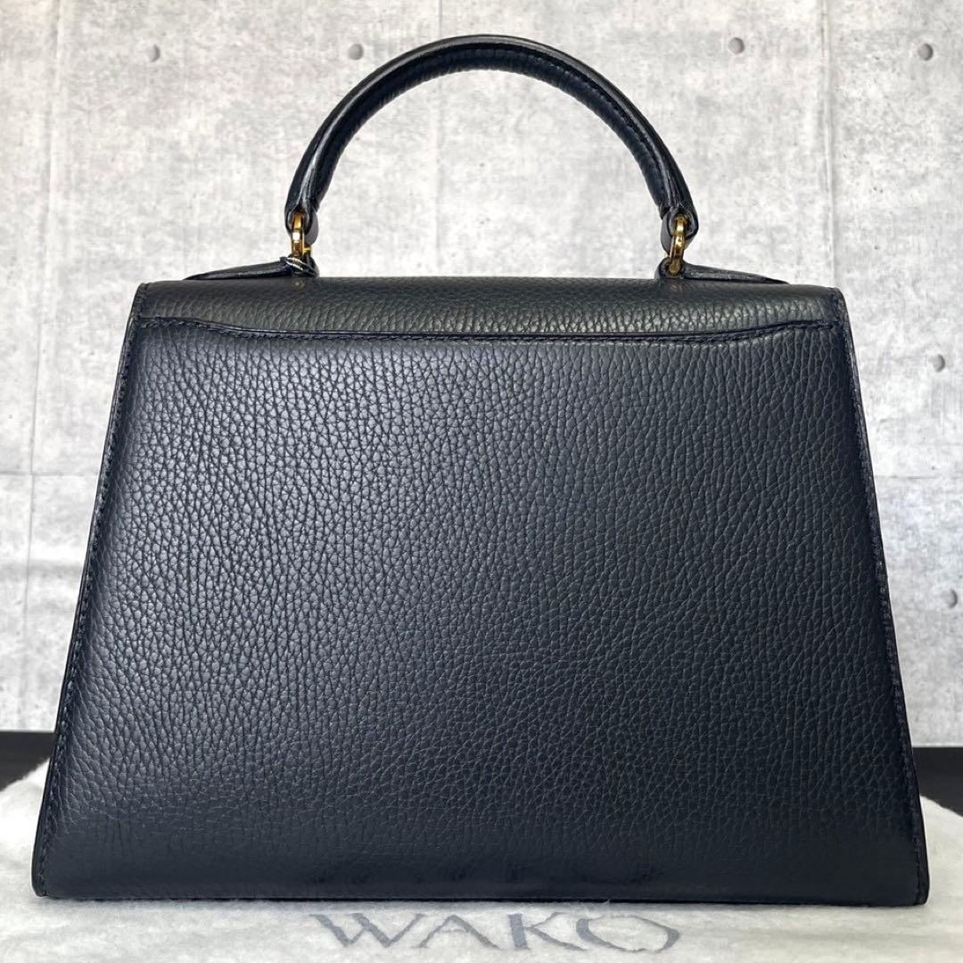 【新品同様タグ付き】WAKO 銀座和光 レザーネイビー ゴールド金具ハンドバッグ