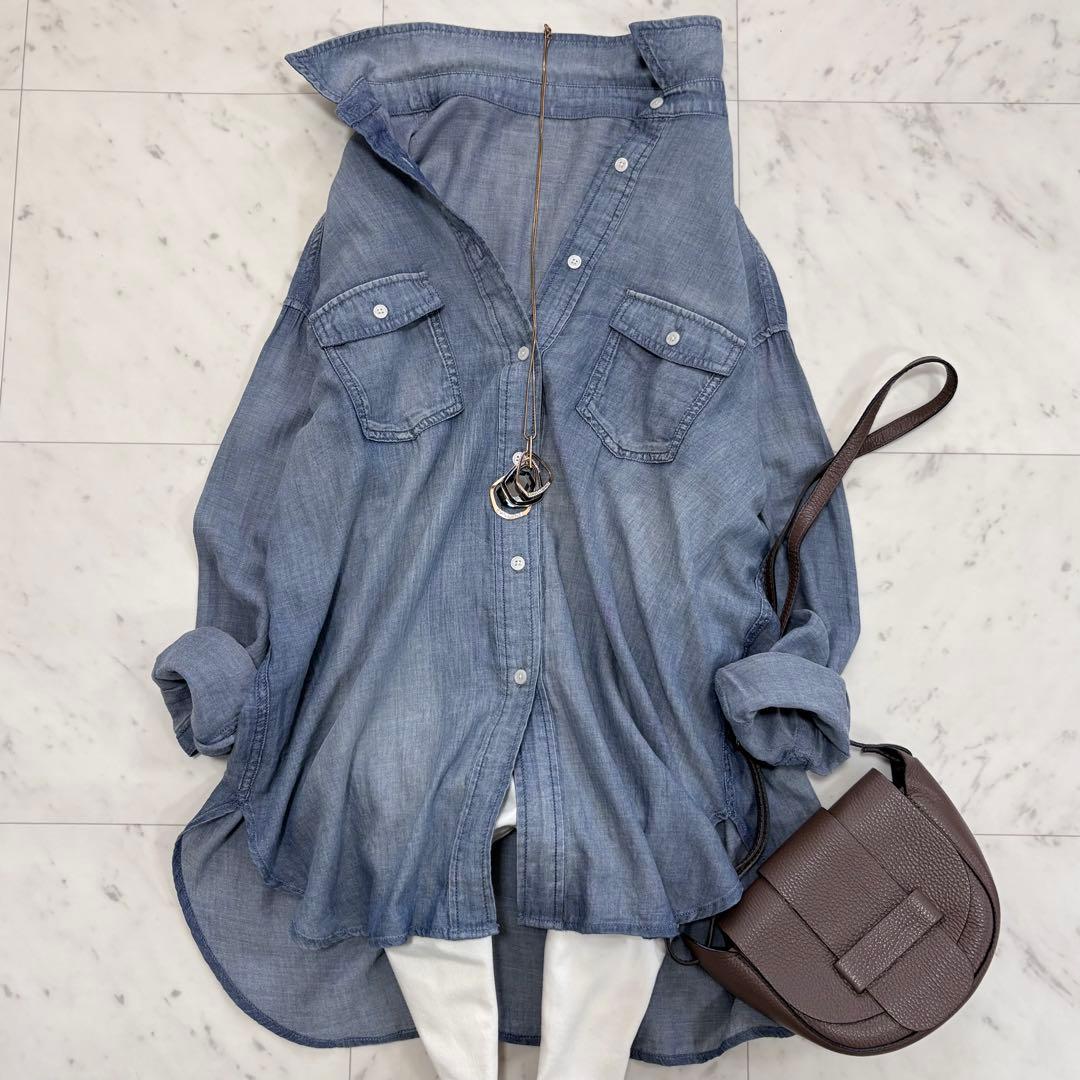 極美品✨ビアズリー　シフォンデニムシャツ　長袖シャツ　人気　ゆったり