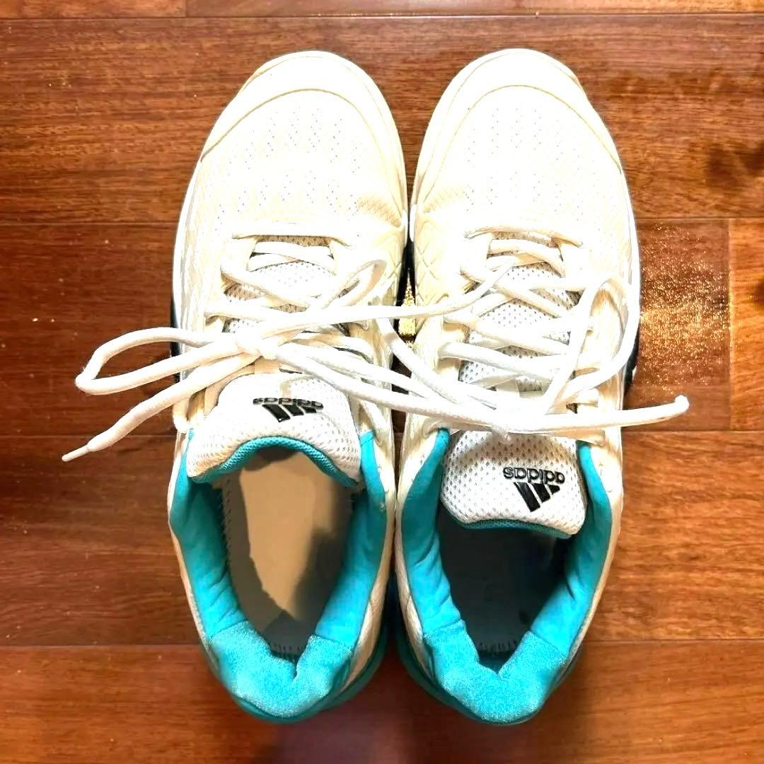 adidas テニスシューズ ホワイト/ターコイズ　オムニコート用　25.5㌢