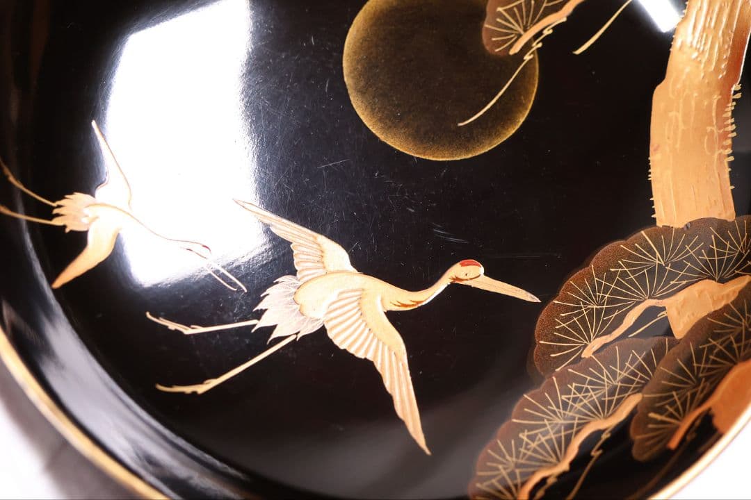 【CM377】大正期 月と松 飛翔鶴 金蒔絵 欅地溜塗 黒塗 椀二客 木製漆器