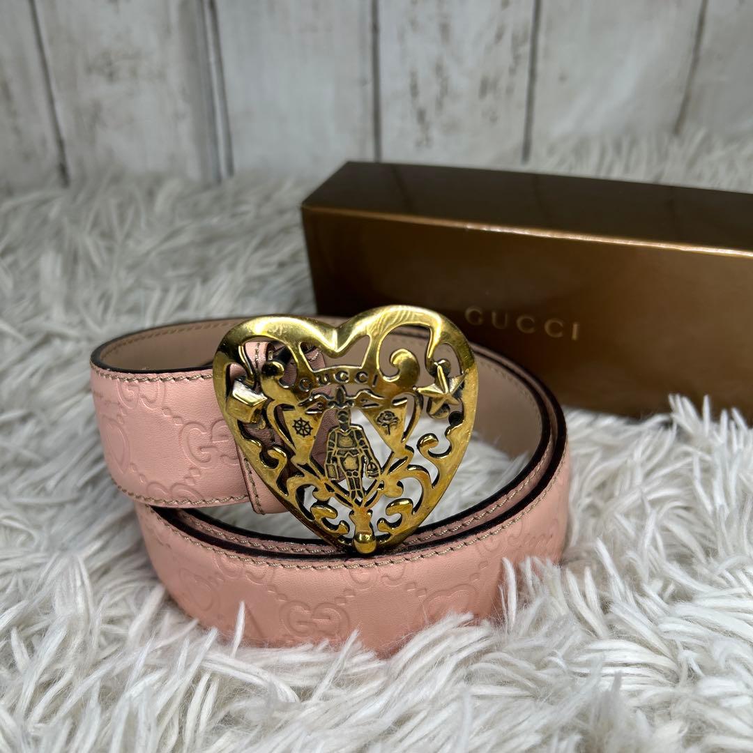 GUCCI ベルト　ハート　ロゴ　GG シマ　ピンク　レザー　レディース