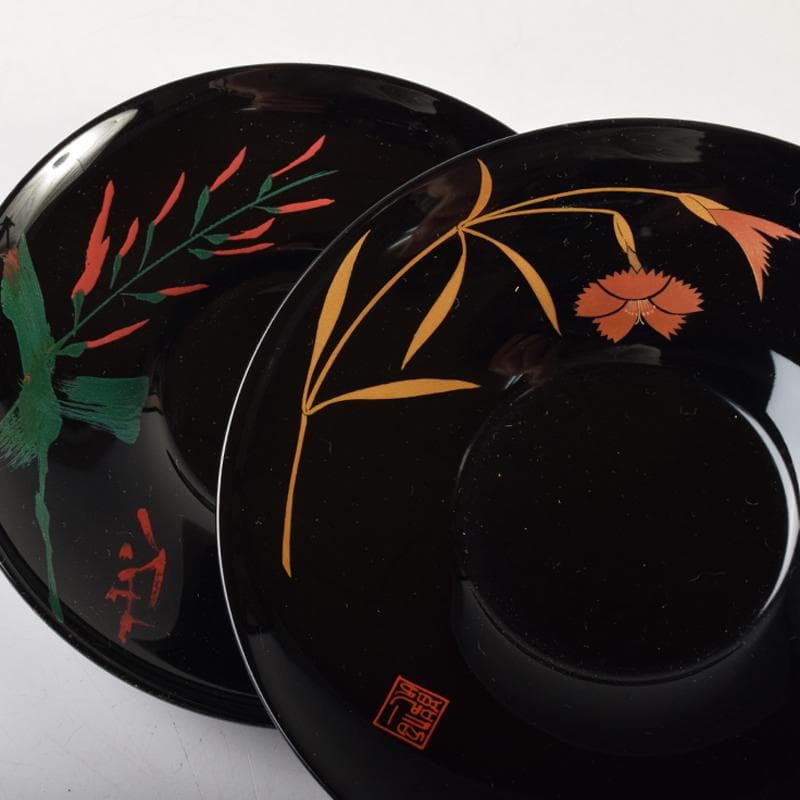 輪島塗　五作家　榎木盛　小森克巳など　草花蒔絵　茶托　五客　共箱　MR8548B