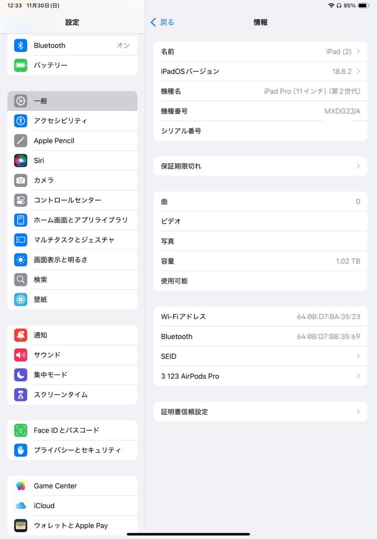 【美品】iPadPro11インチ 第2世代 1TB セルラー バッテリー90%