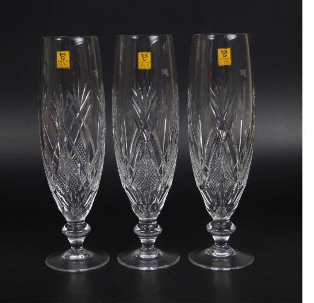 送料無料　カガミクリスタル　江戸切子ワイングラス3P 箱あり　酒器