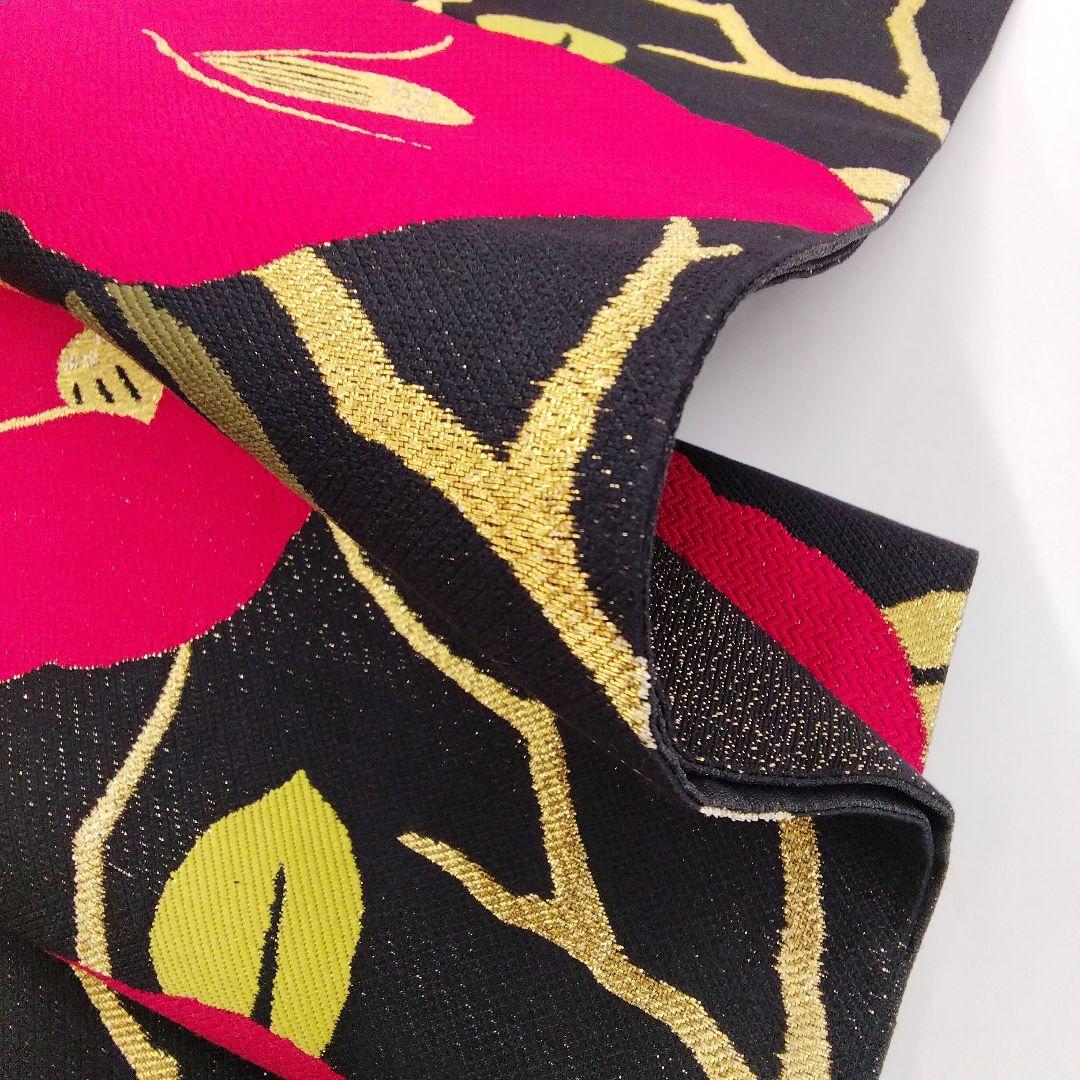 袋帯　振袖　椿　黒　赤　正絹　　　#1112