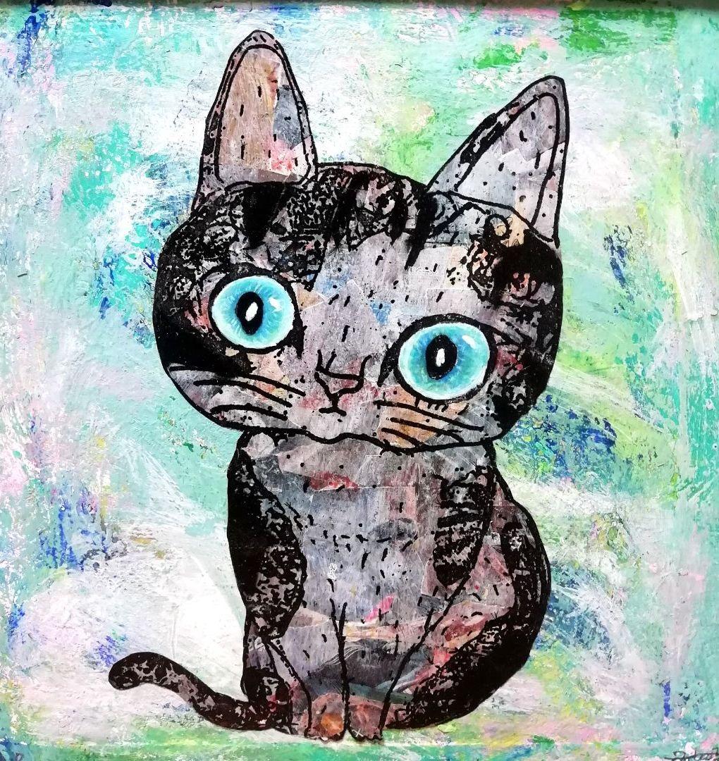 銅版画応用表現絵画　「ひらめき猫」