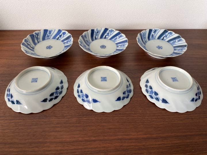 【松竹梅 五弁花】★中皿６枚揃★ 染付 渦福 角福 藍柿 骨董 アンティーク