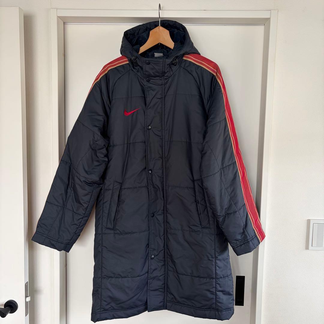 【美品】NIKE ナイキ ベンチコート Lサイズ グレー×レッド フード付き